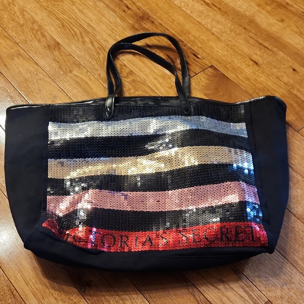 Victoria's Secret Black Tote with Silver, Gold Pink and Red Sequin Stripes P-005